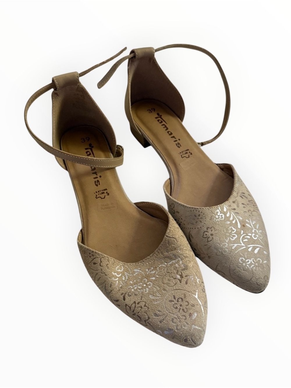 Tamaris Women's leather Taupe Floral Pointed Toe Ankle Strap Flats size 39